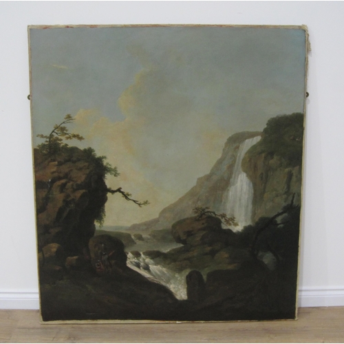 320 - CIRCLE OF JACOB MORE (1740-1793) An extensive landscape with figures near a waterfall, oil on canvas... 