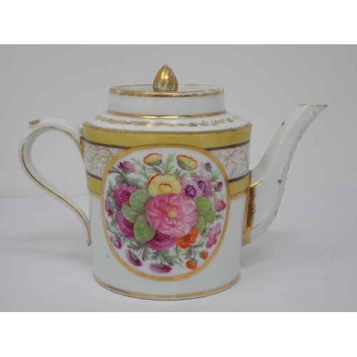 345 - A French porcelain cylindrical Teapot with painted panels of flowers, yellow and gilt line decoratio... 