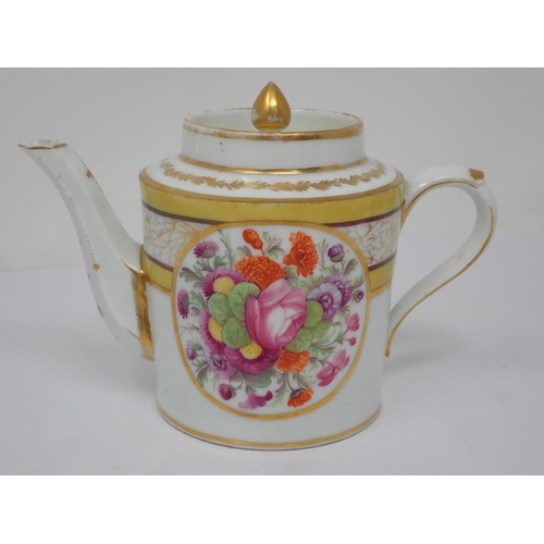 345 - A French porcelain cylindrical Teapot with painted panels of flowers, yellow and gilt line decoratio... 