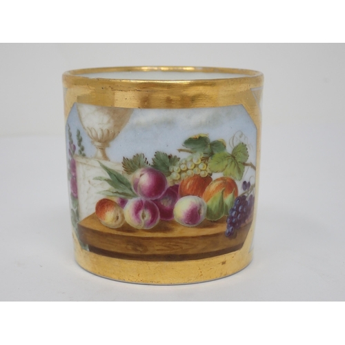 345 - A French porcelain cylindrical Teapot with painted panels of flowers, yellow and gilt line decoratio... 