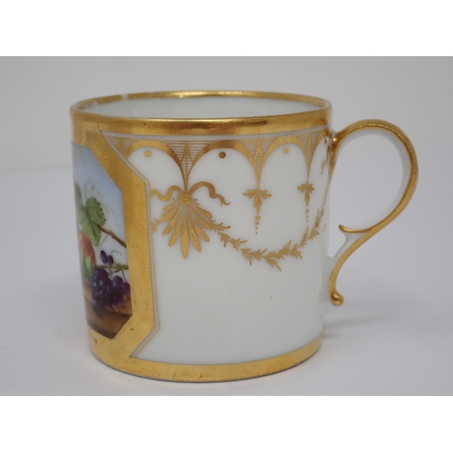 345 - A French porcelain cylindrical Teapot with painted panels of flowers, yellow and gilt line decoratio... 