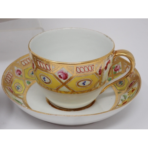 347 - A Coalport two handled Cup and Saucer with gilt borders, pink rose and other floral panels on yellow... 