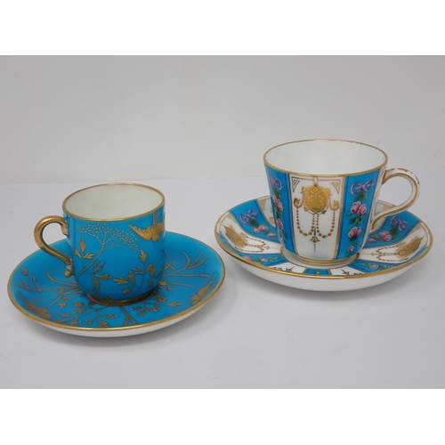 349 - A pair of Minton porcelain Cups and Saucers painted pink roses with gilt border, a Minton Coffee Cup... 