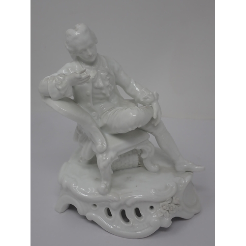 350 - A pair of Continental porcelain white glazed Figurines of seated lady and gentleman on rococo bases ... 