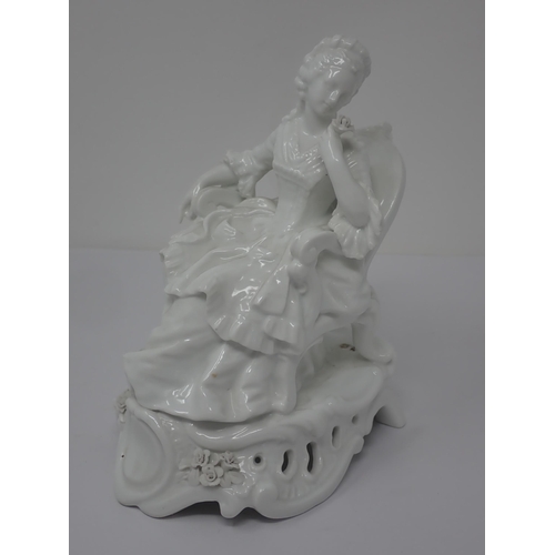 350 - A pair of Continental porcelain white glazed Figurines of seated lady and gentleman on rococo bases ... 