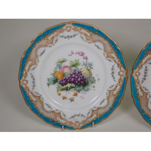 354 - A pair of Royal Doulton Plates painted central panel of fruit, signed Brough, rich gilt borders and ... 