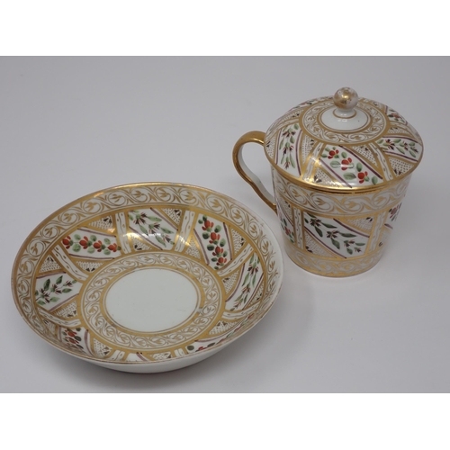 355 - A Spode lidded Chocolate Cup and Cover with Saucer, gilt decoration with panels of flowers and leave... 