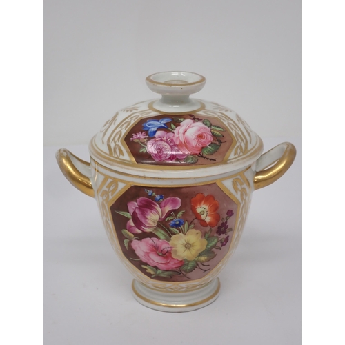 355 - A Spode lidded Chocolate Cup and Cover with Saucer, gilt decoration with panels of flowers and leave... 