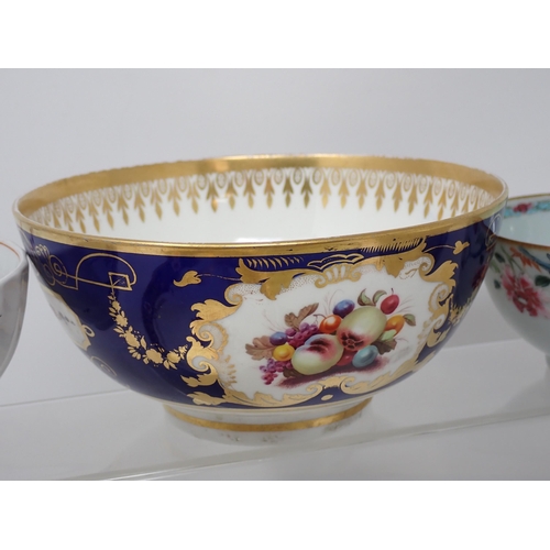 359 - A Bloor Derby Bowl with panels of fruit and flowers on a blue ground with gilt decoration, a Spode B... 