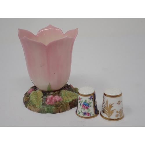 360 - A Royal Worcester Posy Vase, pink tulip on rustic base, patt. No.3204, two Royal Worcester Thimbles ... 