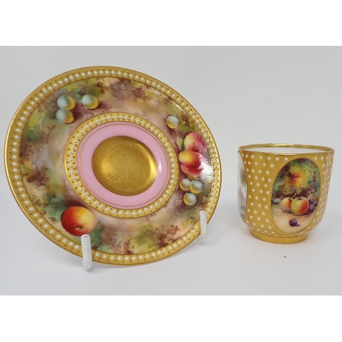 365 - A Royal Worcester miniature Coffee Cup and associated Saucer decorated painted panels, fruit, flower... 