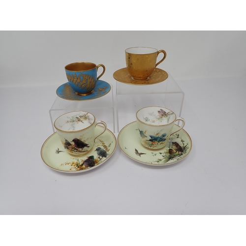 366 - Two Royal Worcester Coffee Cups and Saucers painted starlings, owl on branches and others in flight,... 