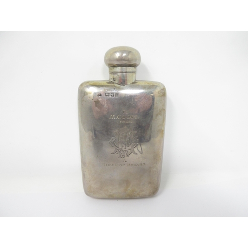 37 - A George V silver Hip Flask engraved initials and inscription, London 1918