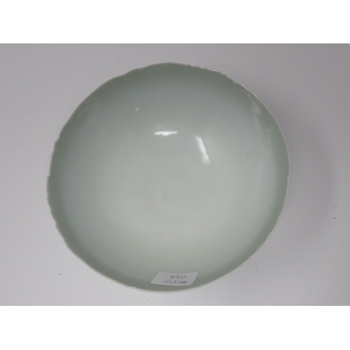 377 - A celadon shaded glazed Bowl with fluted edge on a pedestal foot  7 1/2in D