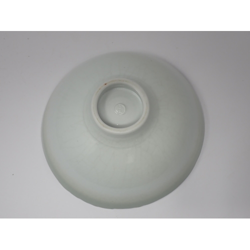 377 - A celadon shaded glazed Bowl with fluted edge on a pedestal foot  7 1/2in D