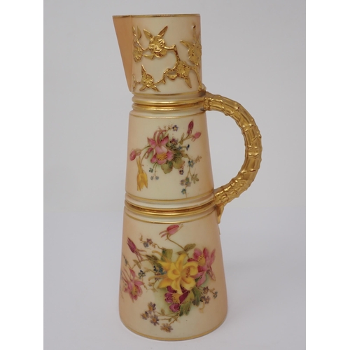 387 - A Royal Worcester blush ivory tapering Jug with gilt bound handle, moulded and painted flowers, 9in ... 