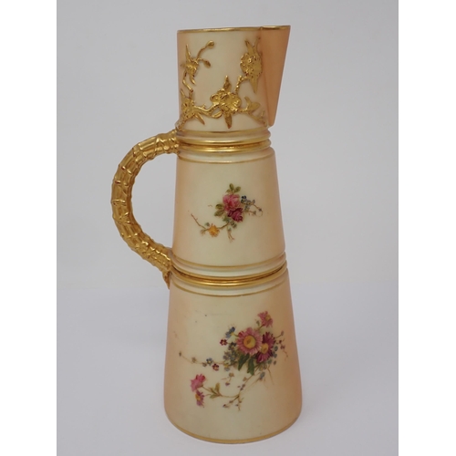 387 - A Royal Worcester blush ivory tapering Jug with gilt bound handle, moulded and painted flowers, 9in ... 