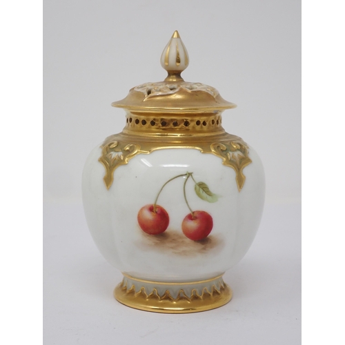 389 - A Royal Worcester Pot Pourri Jar and Cover decorated peaches and cherries with gilt detail, signed H... 