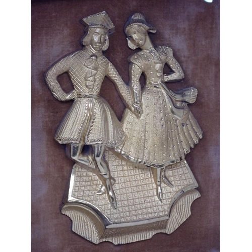 398 - A framed and glazed gilt metal relief of a couple dancing, overall 10 x 8½in, bearing incomplete lab... 