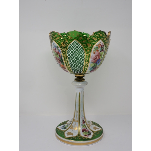 403 - A Bohemian glass Chalice Vase painted alternating panels of sprays of flowers with flowers and gildi... 