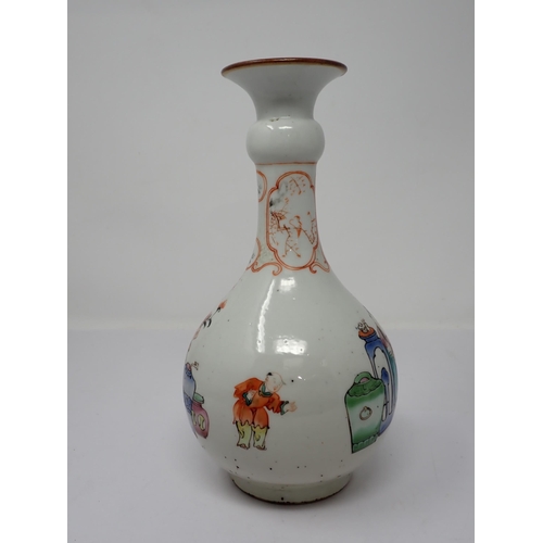 414 - A Chinese polychrome bottle Vase, painted numerous figures, utensils and cat, 9 3/4in