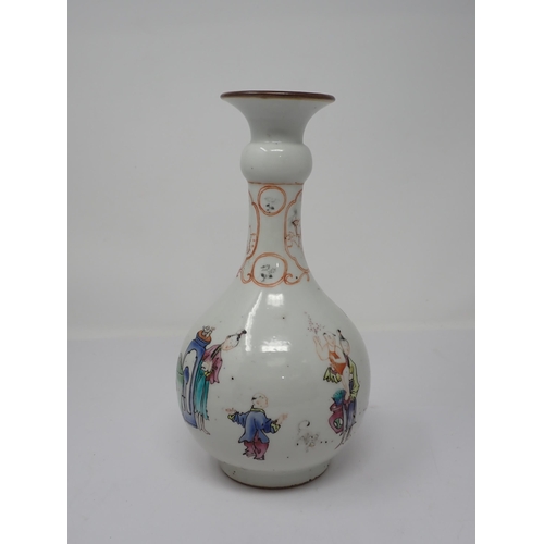 414 - A Chinese polychrome bottle Vase, painted numerous figures, utensils and cat, 9 3/4in