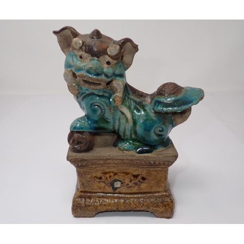 419 - A Chinese pottery Dog of Fo and ball on plinth, 7in high A/F, a small ceramic recumbent Dog of Fo, 3... 