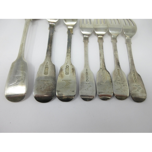 42 - Four Victorian Irish silver Dessert Forks, two Dinner Forks and a Table Spoon, fiddle pattern engrav... 