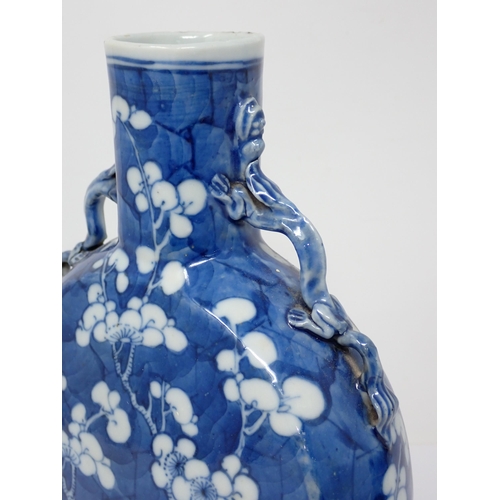 435 - A 19th Century Chinese Moon Flask Vase decorated prunus flowers in blue and white, 8¾in H, small rim... 