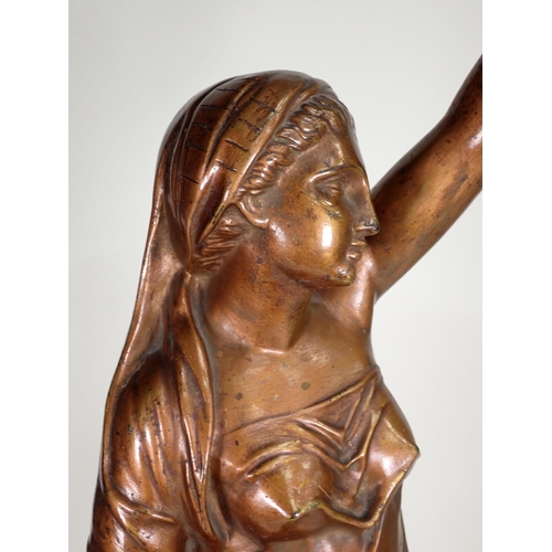 445 - A large cast metal female Figure holding a torch with bronze effect finish, 2ft 10in H