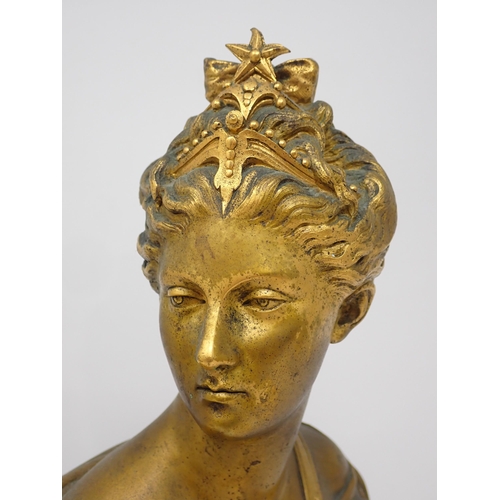 466 - A bronze Bust of a young lady titled on base 'Diane Dehoudon' and a cast Figure of a winged cherub h... 