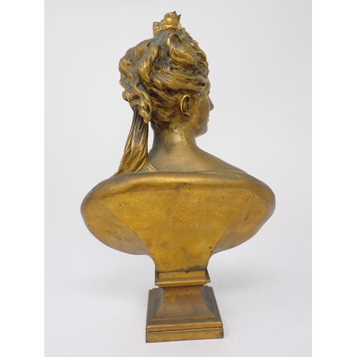 466 - A bronze Bust of a young lady titled on base 'Diane Dehoudon' and a cast Figure of a winged cherub h... 