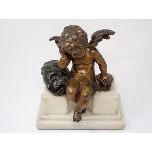 469 - A 19th Century Memento mori bronze Sculpture of Putti resting elbow on skull mounted on stepped marb... 