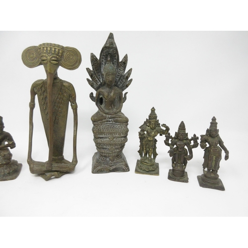 471 - Six small Tibetan type bronze Figures, 3-4in, and three other Figures