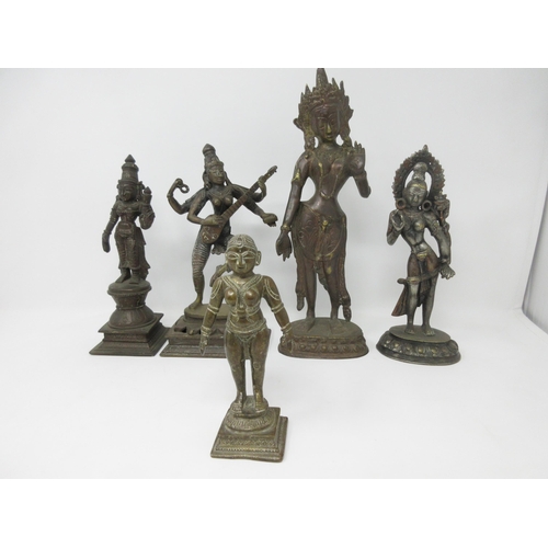 477 - A Tibetan type bronze Figure playing stringed instrument and four other standing Figures, 6-12in