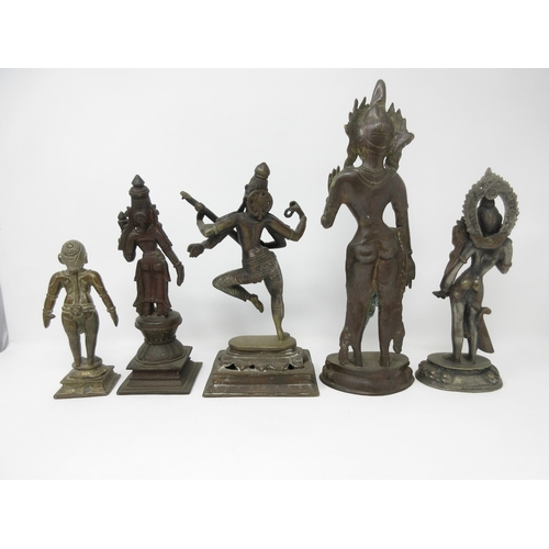 477 - A Tibetan type bronze Figure playing stringed instrument and four other standing Figures, 6-12in