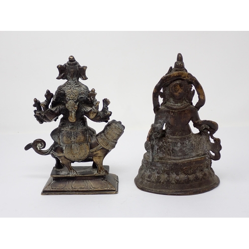 478 - An Eastern bronze Figure of Ganesh, seated on a large Indian bandicoot, 7in H and an Eastern bronze ... 