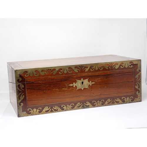 485 - A 19th Century rosewood and brass inlaid Writing Box opening up to a sloped writing surface with com... 