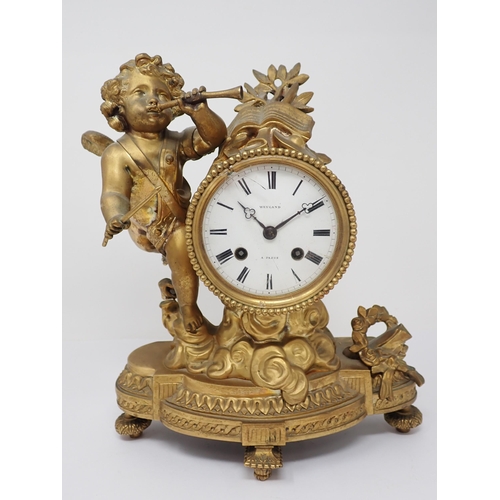 501 - A French Mantel Clock with cherub playing pipe supporting drum clock with white enamel dial, marked ... 