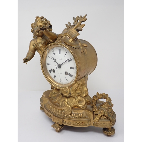 501 - A French Mantel Clock with cherub playing pipe supporting drum clock with white enamel dial, marked ... 