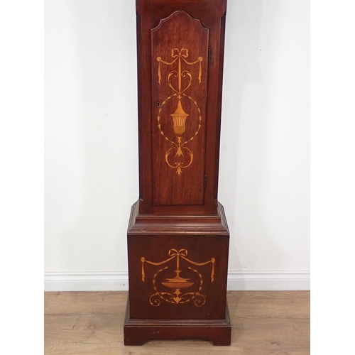 505 - An inlaid mahogany Longcase Clock with arched brass dial, silvered chapter ring, the back of the mov... 