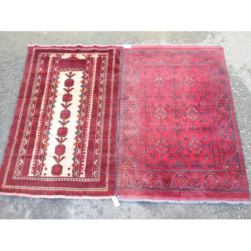 528 - A bordered Turcoman Rug with six guls on a red ground, 5ft x 3ft and a multi-bordered Prayer Rug, th... 