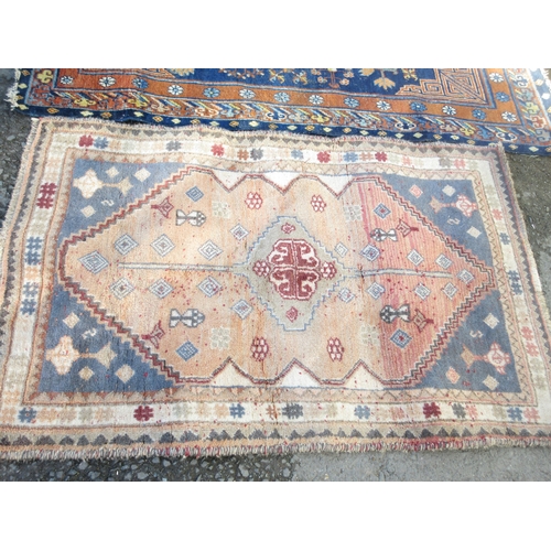 529 - A bordered Hamadan Rug with central circular medallion on a blue ground, worn, and a smaller Rug wit... 