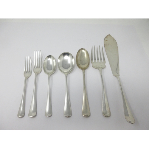 55 - A Canteen of George V silver Cutlery for 12, Hanoverian pattern, with rat tail bowls, Sheffield 1912... 