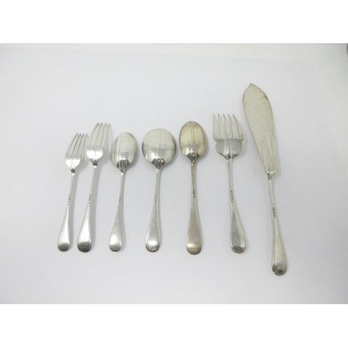 55 - A Canteen of George V silver Cutlery for 12, Hanoverian pattern, with rat tail bowls, Sheffield 1912... 