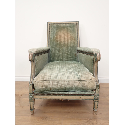 572 - An 19th Century French Armchair with pale cream and green painted frame and pale green upholstery al... 