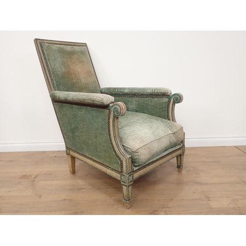 572 - An 19th Century French Armchair with pale cream and green painted frame and pale green upholstery al... 