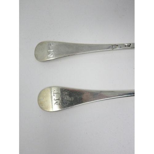 58 - Two George II silver bottom marked Table Spoons, Hanoverian pattern, engraved initials M.T. 1759 and... 