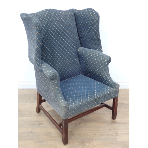 584 - A George III, and later, blue upholstered wingback Armchair on square cut supports and 'H' stretcher... 