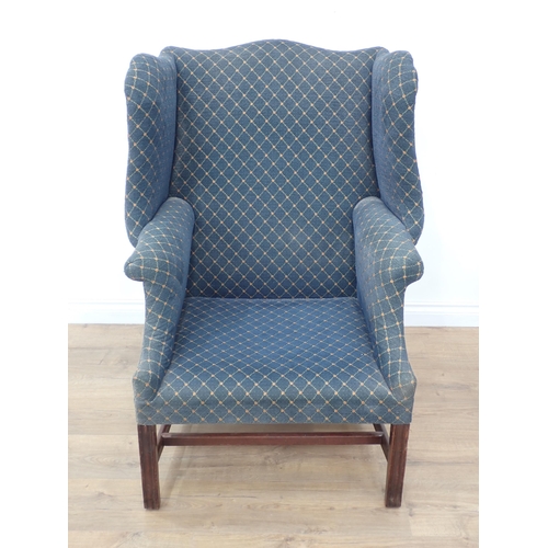 584 - A George III, and later, blue upholstered wingback Armchair on square cut supports and 'H' stretcher... 